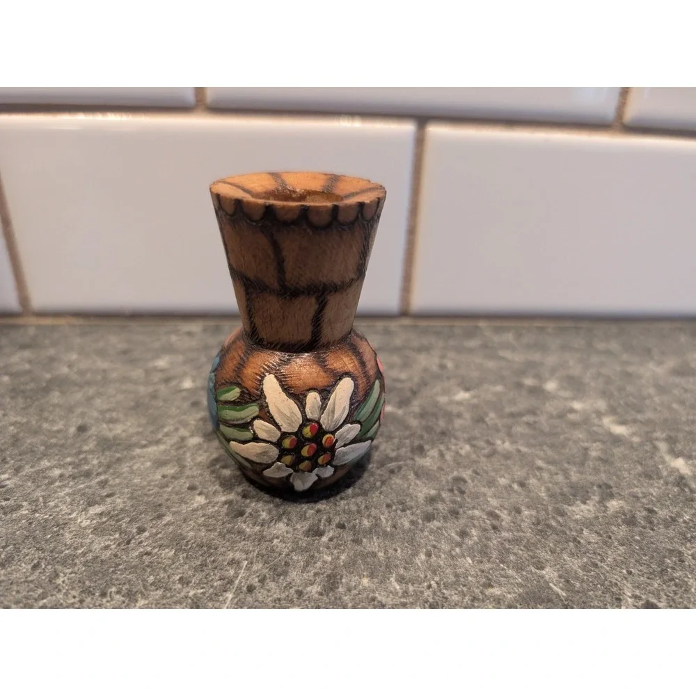Hand‎ Carved Wooden Bud Vase Folk Art Hand Painted Flowers SIGNED